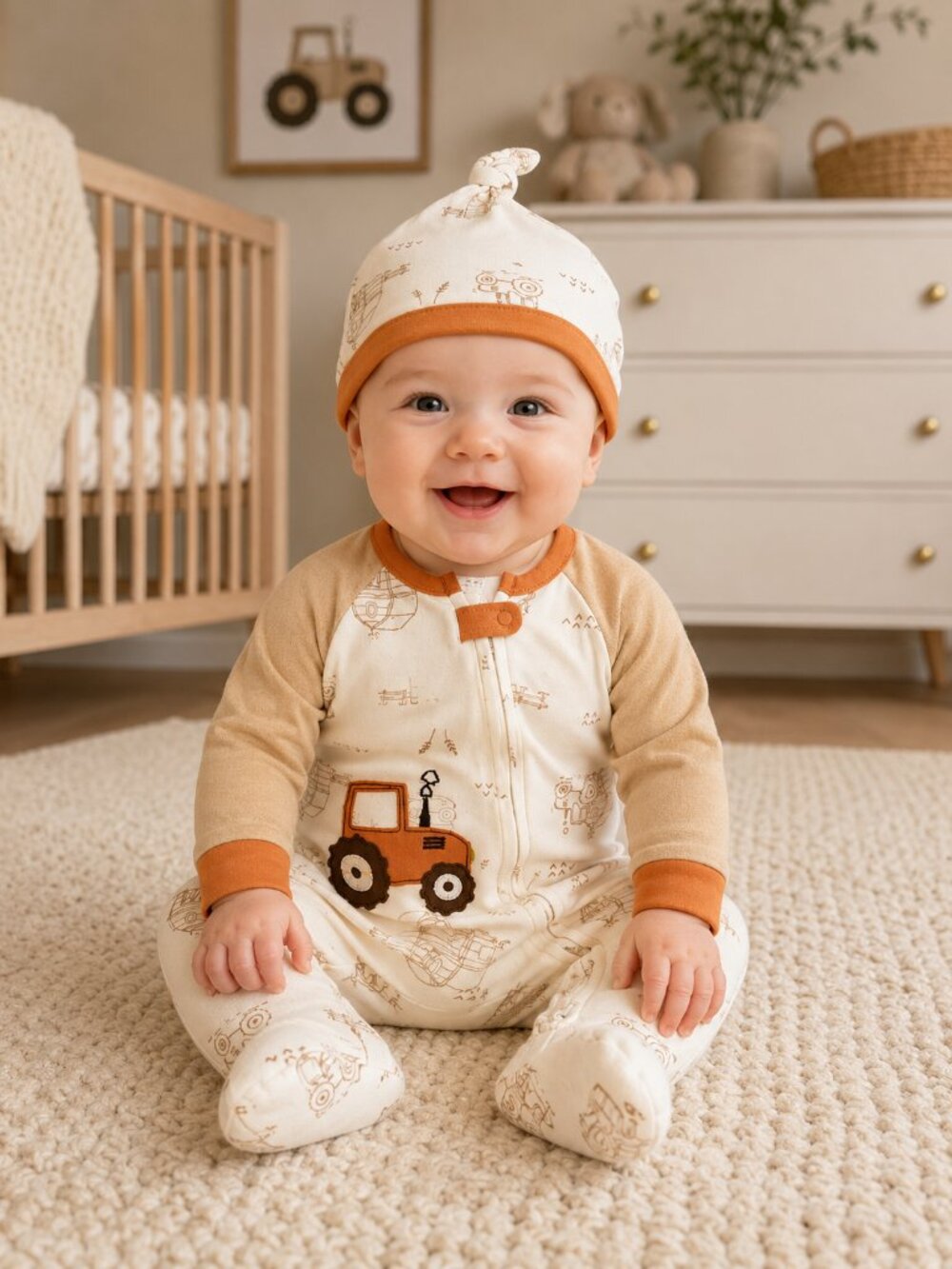 NWT Baby Essentials 2 Piece Baby Boy Sleeper Set Tractor Applique Footed Pajamas